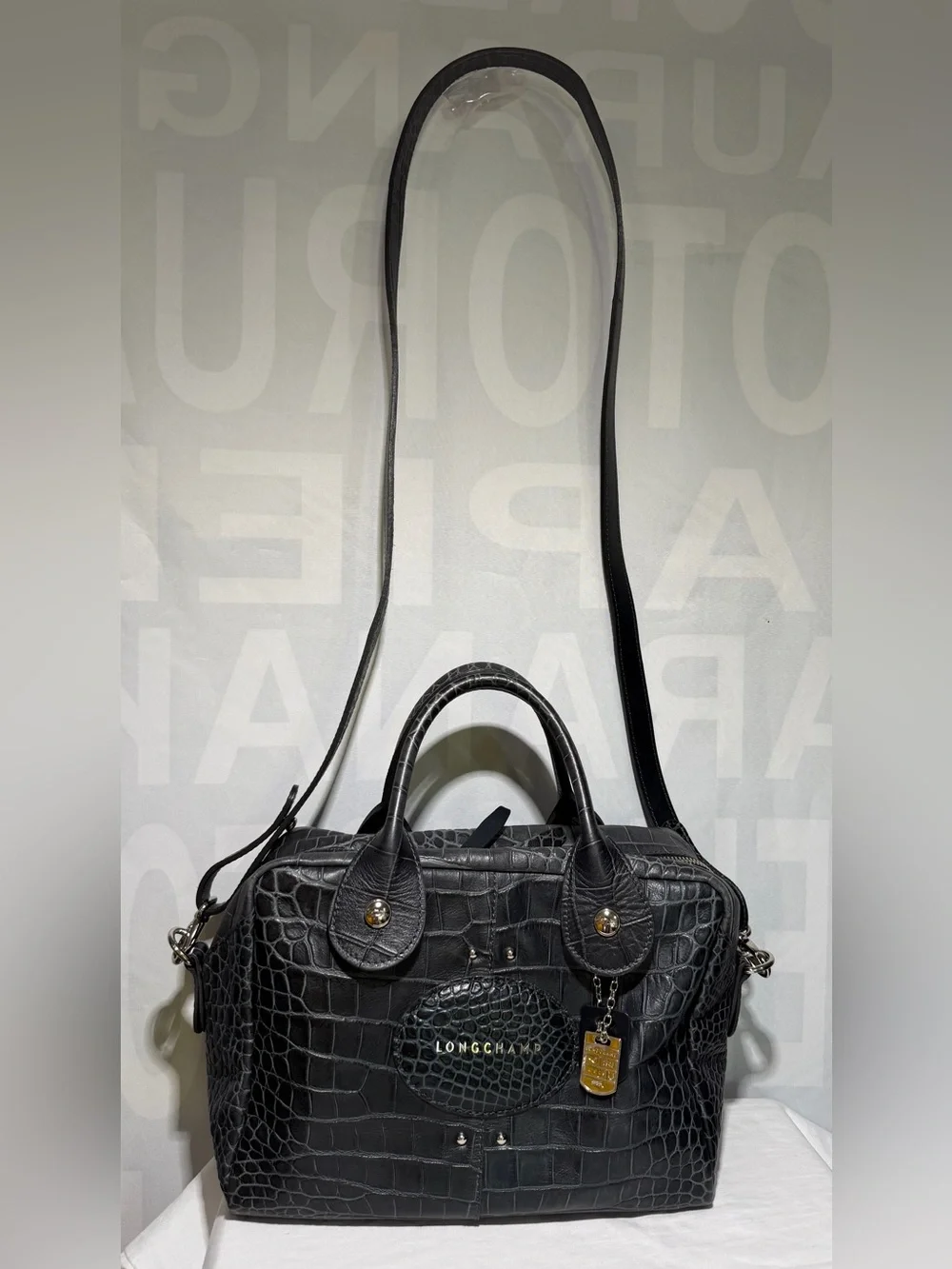 Longchamp Légende Black Gray Blue Croc-Embossed Leather Two Way Handbag